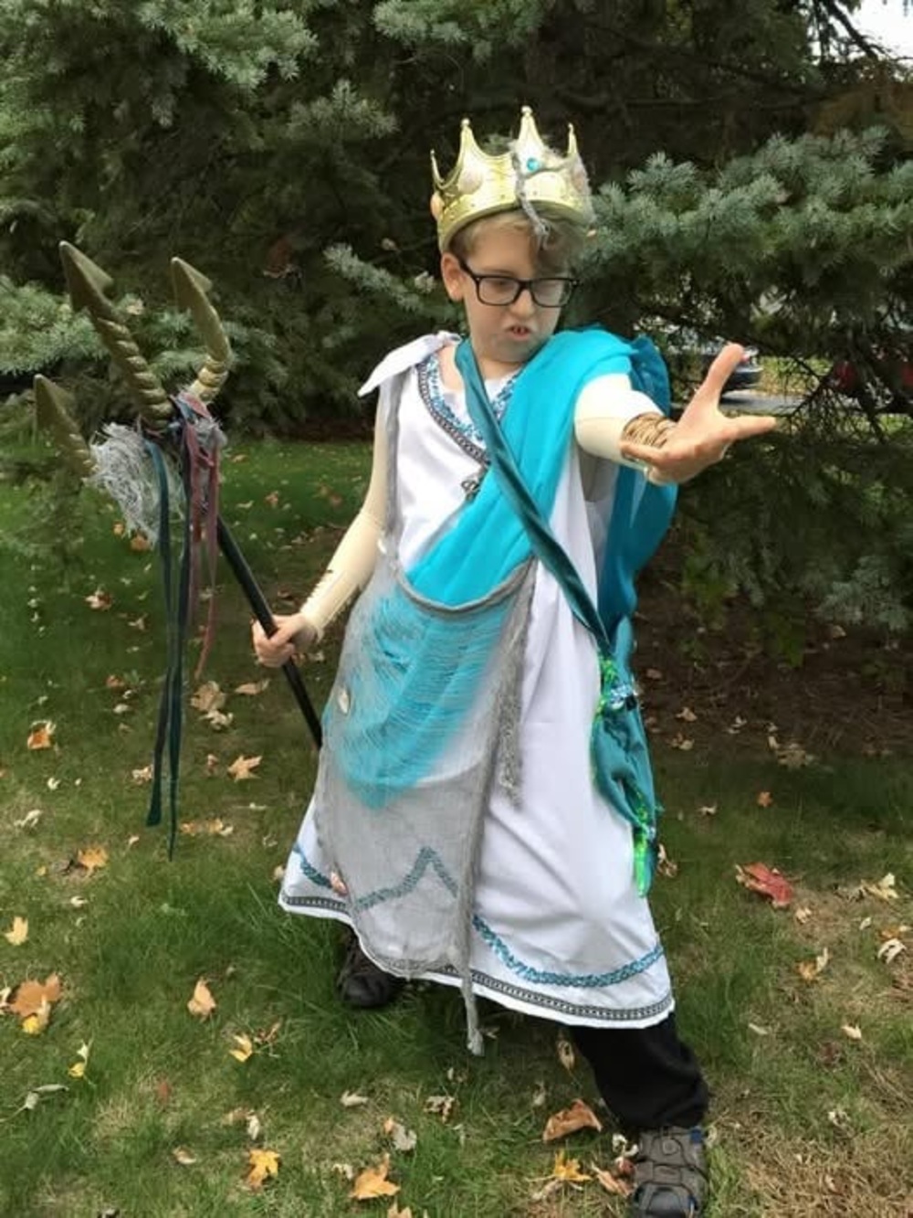 Kids’ Teal and White Poseidon Costume with Treat Bag (handmade)